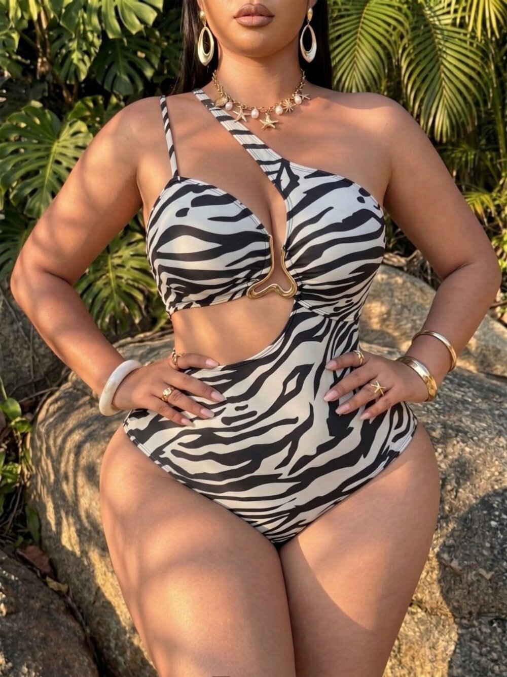 Multicolor Asymmetrical zebra One-Shoulder Women's Plus-Size Cutout Swimsuit - Picture 4 of 6